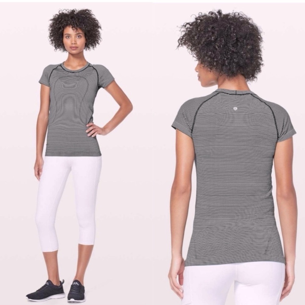 Lululemon Swiftly Tech Black White Mini Stripe Short Sleeve Athletic Tee
